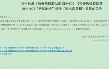 關于征求《預分散橡膠助劑CBS-80》、《預分散橡膠助劑TBBS-80》“浙江制造”標準（征求意見稿）意見的公告